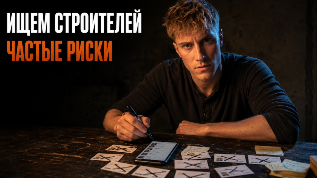 Процесс обсуждения проекта на стройке, иллюстрирующий надежные способы найти бригаду строителей и избежать популярных рисков.