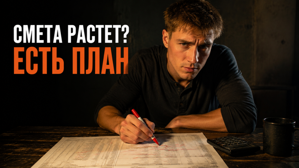 Мужчина с калькулятором и строительными чертежами изучает, почему смета на ремонт квартиры превысила изначальный бюджет.