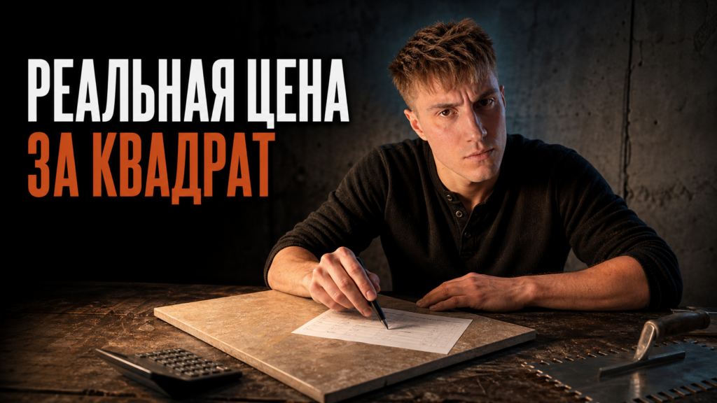 Мастер аккуратно укладывает крупноформатную плитку на пол. От качества работ зависит итоговая стоимость укладки керамогранита.