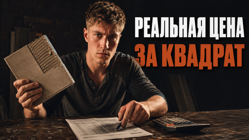 Строитель аккуратно монтирует кафель на пол с использованием уровня и крестиков. Расчет стоимости укладки плитки за метр.